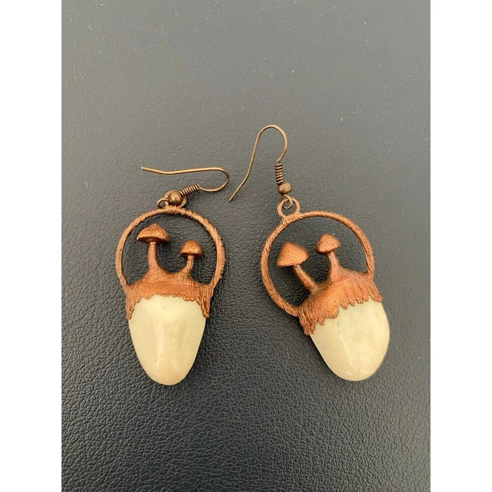 Brass moonstone mushroom earrings
